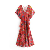 GYPSY Boho Chic Summer Beach Vintage Floral Bird Print Long Dresses Women Fashion V Neck Lace Up Tassel Dresses Femme Vestidos