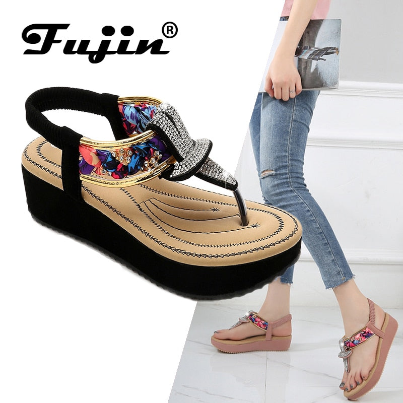 Fujin Summer Fashion Women Sandals Women Bohemian Flat-bottomed Women Shoes Metal Rhinestone Colored Women Shoes