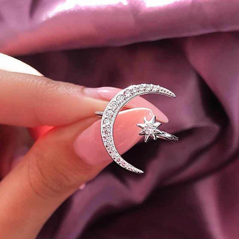 Hot selling Boho Open Ring For Women Fashionable Moon&Star Jewelry Female CZ Ring Sets Anniversary