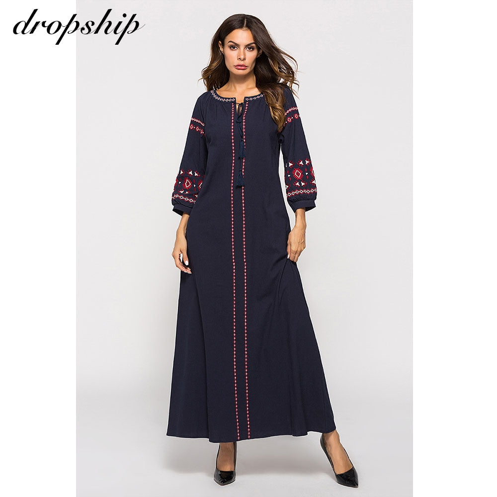 Dropship Dress Women Dresses Summer Long Maxi Plus Size Vestidos Vintage Verano 2019 Robe Femme Embroidery Tassel Lace Up Cotton