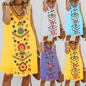 Women Boho Summer Dress Floral Prints Sleeveless Cotton Linen Dress 5XL 4XL Sexy V Neck Beach Mini Dresses