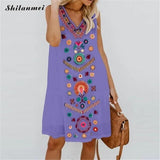 Women Boho Summer Dress Floral Prints Sleeveless Cotton Linen Dress 5XL 4XL Sexy V Neck Beach Mini Dresses