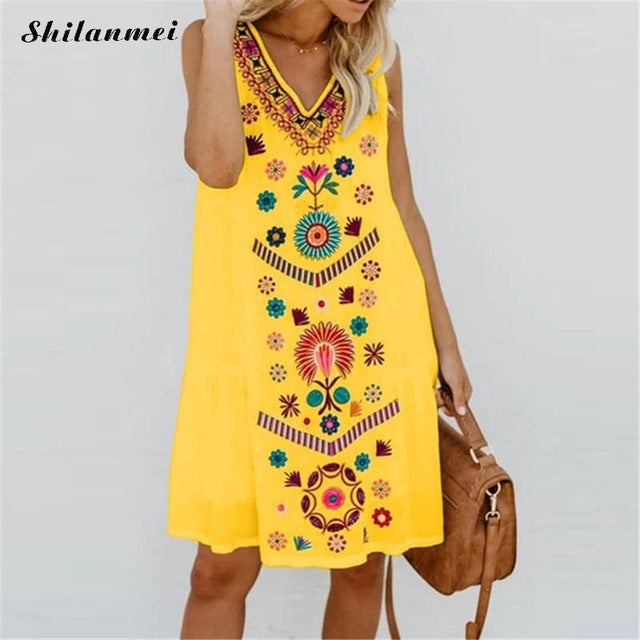 Women Boho Summer Dress Floral Prints Sleeveless Cotton Linen Dress 5XL 4XL Sexy V Neck Beach Mini Dresses