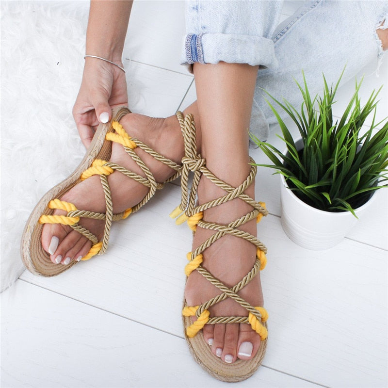 Women Rome Lace Up Sandals Hemp Fashion Boho Simple Rope Women Sandals Casuals Cross Women Shoes