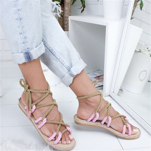 Women Rome Lace Up Sandals Hemp Fashion Boho Simple Rope Women Sandals Casuals Cross Women Shoes