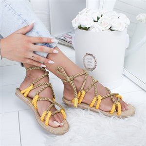 Women Rome Lace Up Sandals Hemp Fashion Boho Simple Rope Women Sandals Casuals Cross Women Shoes