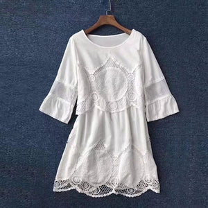 Women Fashion Large Dress Plus Size White Lace Embroidery Hollow-out Round Neck Boho Chic Beach Dropship Dress Sexy Party Dress