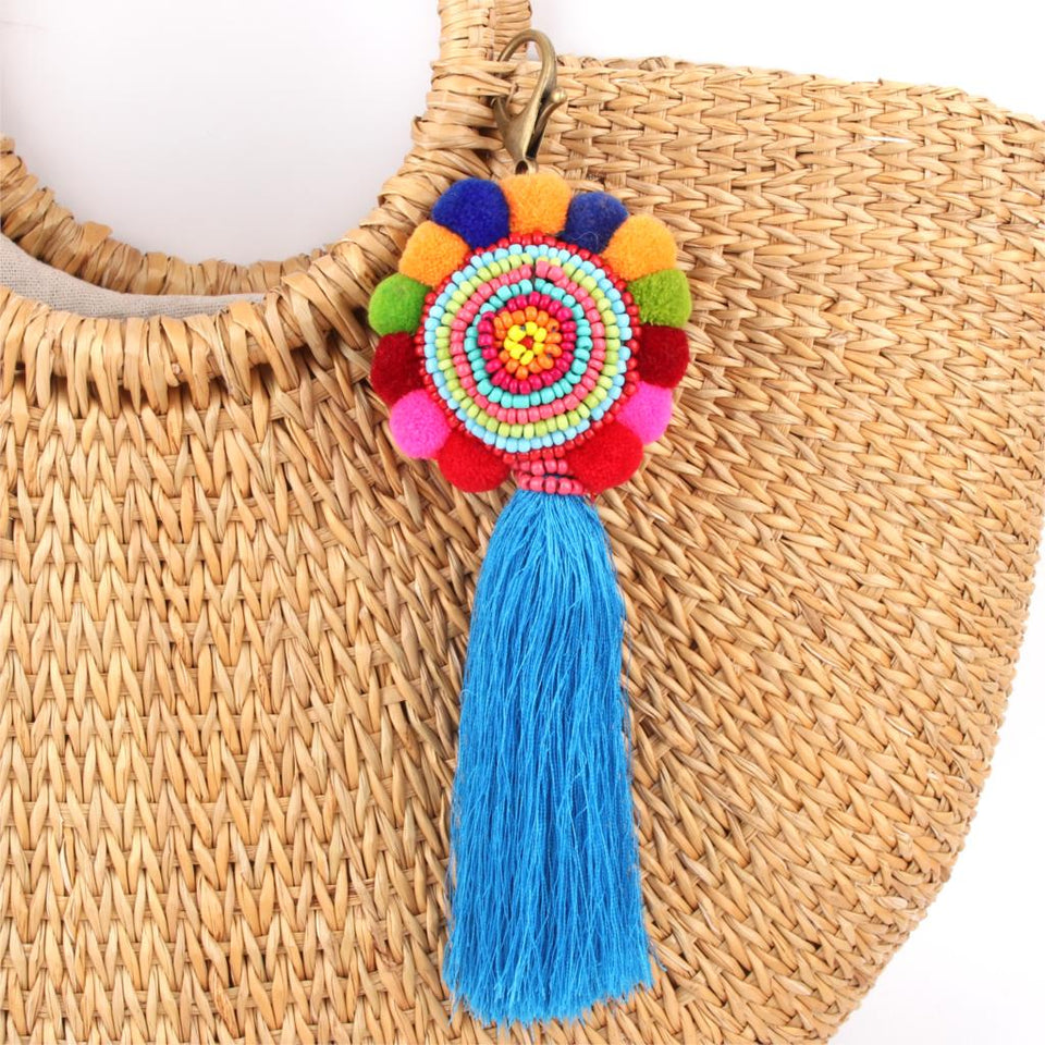 Bohemia Pom Tassel Keychain Bag Charm Women's Boho Handmade Jewelry Keyring For Party