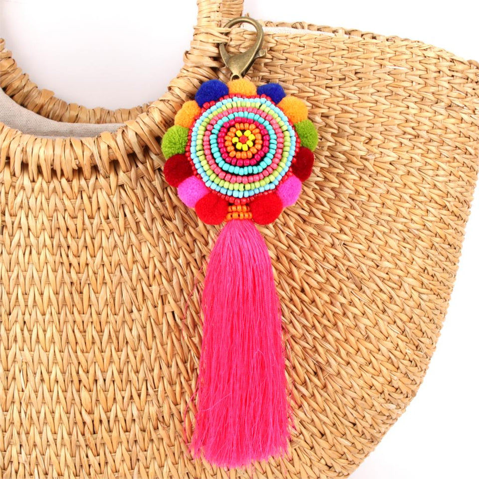 Bohemia Pom Tassel Keychain Bag Charm Women's Boho Handmade Jewelry Keyring For Party