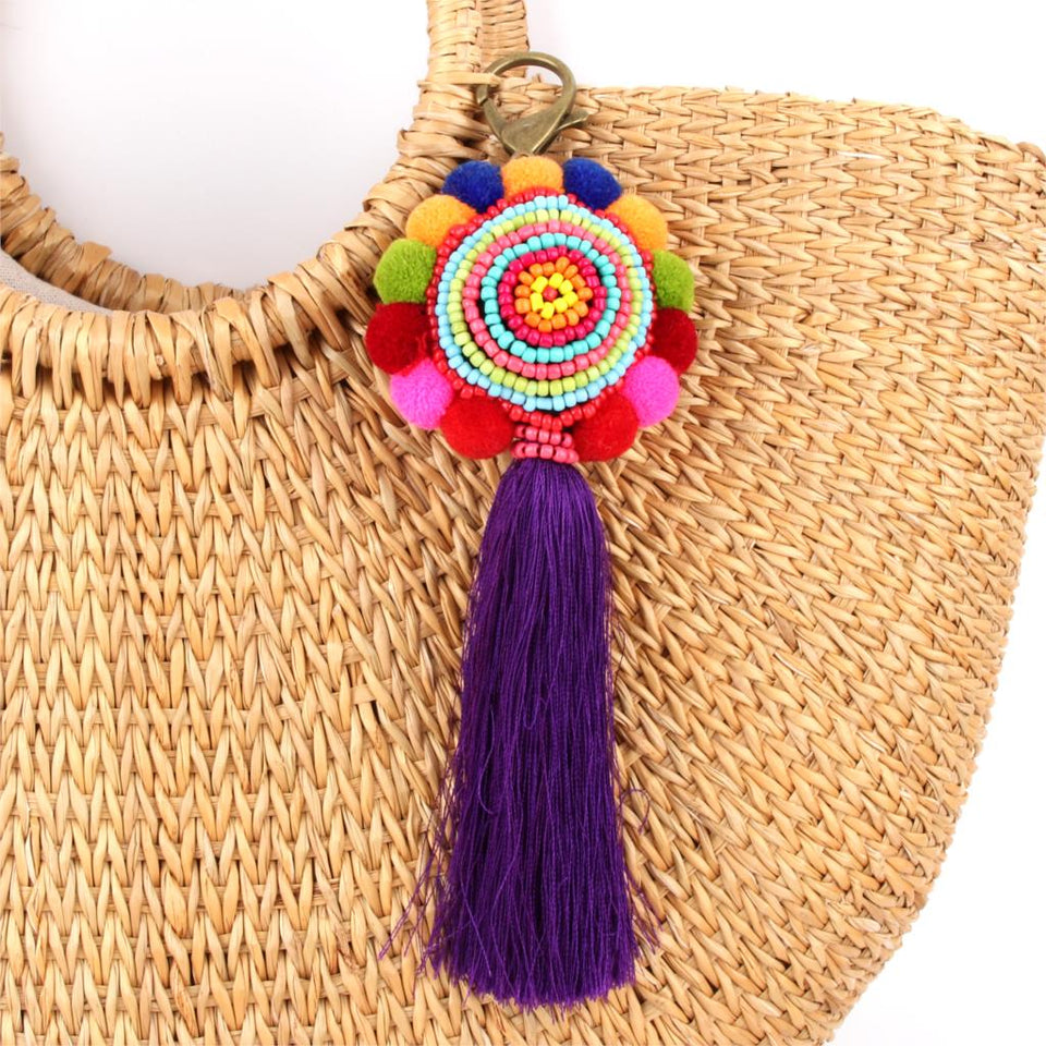 Bohemia Pom Tassel Keychain Bag Charm Women's Boho Handmade Jewelry Keyring For Party