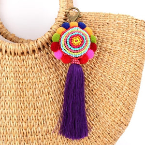 Bohemia Pom Tassel Keychain Bag Charm Women's Boho Handmade Jewelry Keyring For Party