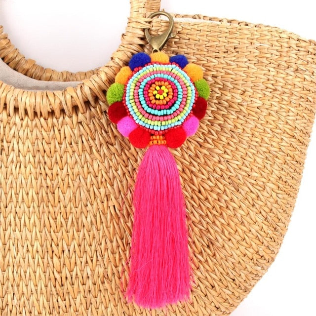 Bohemia Pom Tassel Keychain Bag Charm Women's Boho Handmade Jewelry Keyring For Party