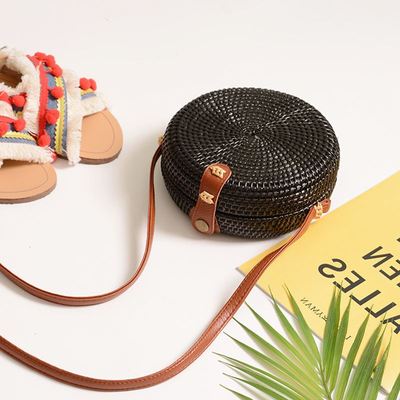 Black Round Rattan Bags For Women Straw Handmade Woven Circle Shoulder Bag