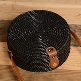 Black Round Rattan Bags For Women Straw Handmade Woven Circle Shoulder Bag