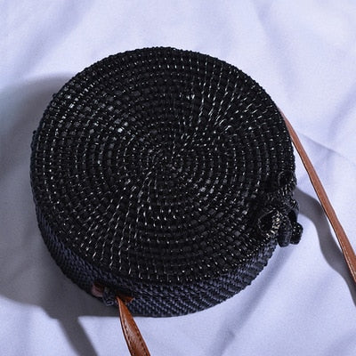 Black Round Rattan Bags For Women Straw Handmade Woven Circle Shoulder Bag