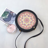 Black Round Rattan Bags For Women Straw Handmade Woven Circle Shoulder Bag