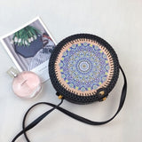 Black Round Rattan Bags For Women Straw Handmade Woven Circle Shoulder Bag