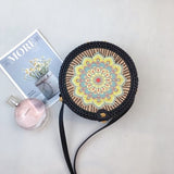 Black Round Rattan Bags For Women Straw Handmade Woven Circle Shoulder Bag