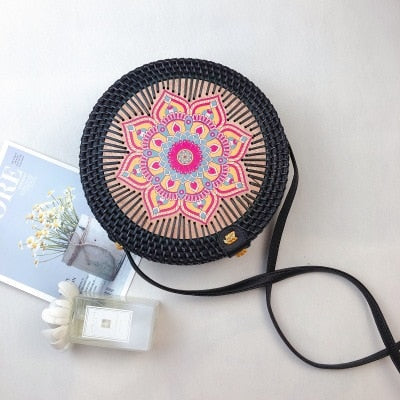 Black Round Rattan Bags For Women Straw Handmade Woven Circle Shoulder Bag