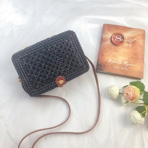 Black Round Rattan Bags For Women Straw Handmade Woven Circle Shoulder Bag