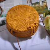 Black Round Rattan Bags For Women Straw Handmade Woven Circle Shoulder Bag