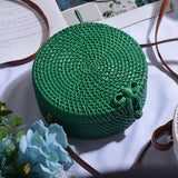 Black Round Rattan Bags For Women Straw Handmade Woven Circle Shoulder Bag