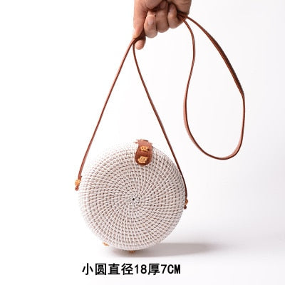 Black Round Rattan Bags For Women Straw Handmade Woven Circle Shoulder Bag