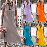 JAYCOSIN New Fashion Women Casual Linen Solid V-neckline Roll Up The Sleeve Dress Splice Button Dress