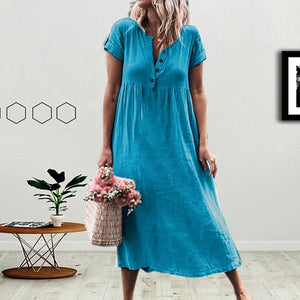 JAYCOSIN New Fashion Women Casual Linen Solid V-neckline Roll Up The Sleeve Dress Splice Button Dress