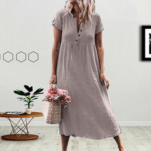 JAYCOSIN New Fashion Women Casual Linen Solid V-neckline Roll Up The Sleeve Dress Splice Button Dress