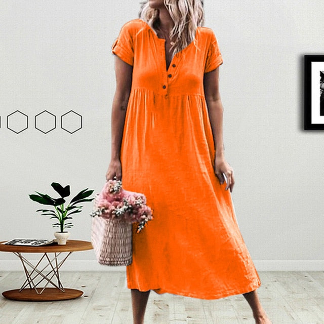 JAYCOSIN New Fashion Women Casual Linen Solid V-neckline Roll Up The Sleeve Dress Splice Button Dress