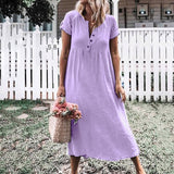 JAYCOSIN New Fashion Women Casual Linen Solid V-neckline Roll Up The Sleeve Dress Splice Button Dress