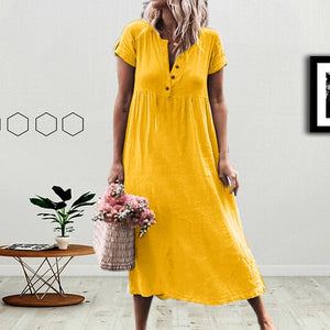 JAYCOSIN New Fashion Women Casual Linen Solid V-neckline Roll Up The Sleeve Dress Splice Button Dress