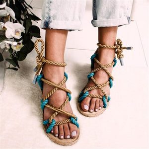 WENYUJH Boho Women Sandals Lace Up 2019 Hemp Fashion Simple Rope Rome Women Sandals Casual Cross tied Women Shoes