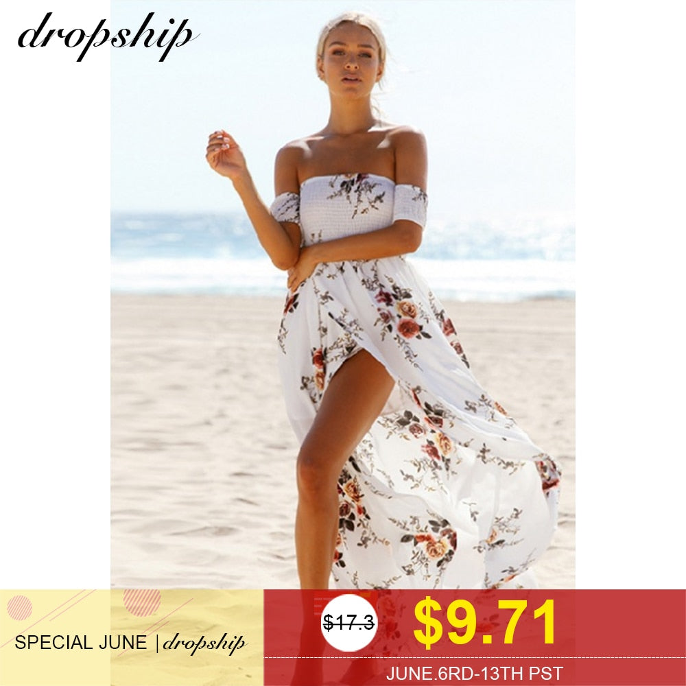 Dropship Dress Women Sexy Dresses Long Maxi Summer Plus Size White Red Beach Boho Floral Vestidos Verano 2019 Holiday Strapless