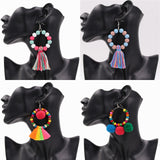 Boho Style Women Earrings With Pompom Colorful Wooden Beads Drop Earring Tassel Jewelry