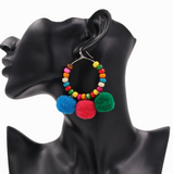 Boho Style Women Earrings With Pompom Colorful Wooden Beads Drop Earring Tassel Jewelry