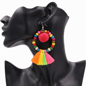 Boho Style Women Earrings With Pompom Colorful Wooden Beads Drop Earring Tassel Jewelry