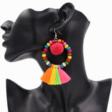 Boho Style Women Earrings With Pompom Colorful Wooden Beads Drop Earring Tassel Jewelry