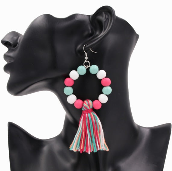 Boho Style Women Earrings With Pompom Colorful Wooden Beads Drop Earring Tassel Jewelry