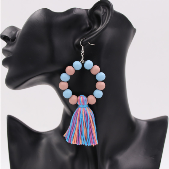 Boho Style Women Earrings With Pompom Colorful Wooden Beads Drop Earring Tassel Jewelry