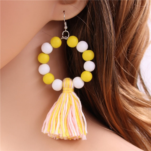 Boho Style Women Earrings With Pompom Colorful Wooden Beads Drop Earring Tassel Jewelry