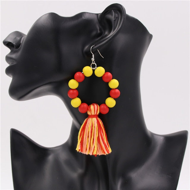 Boho Style Women Earrings With Pompom Colorful Wooden Beads Drop Earring Tassel Jewelry