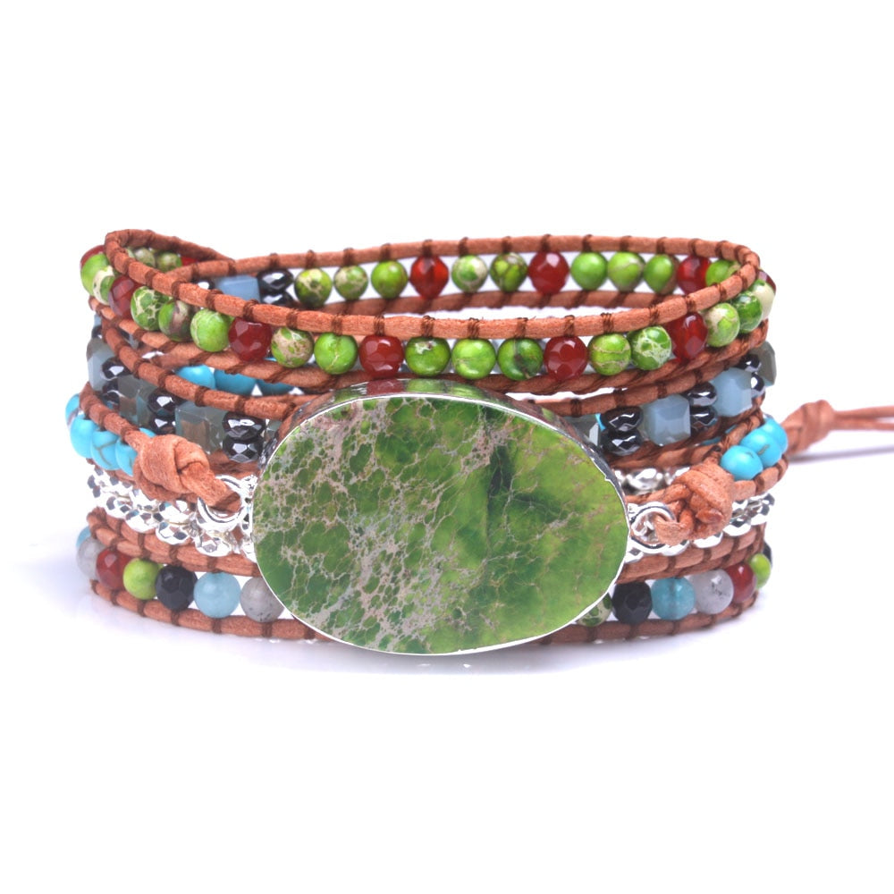 Fashion women's Bracelet 5x Bohemian jewelry Natural stone Crystal leather wrap Bracelet Dropship