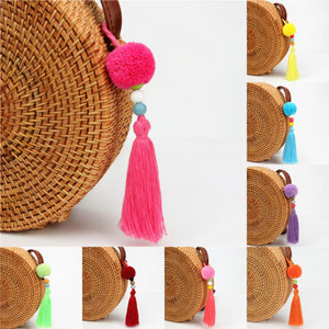 1pc Pompom Keychains With Tassel Wooden Beads Charms Keyring Boho Jewelry For Women