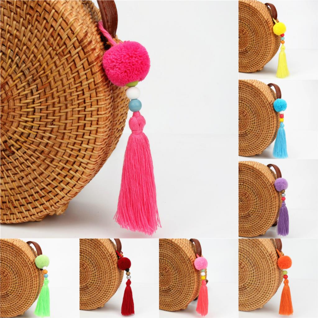 1pc Pompom Keychains With Tassel Wooden Beads Charms Keyring Boho Jewelry For Women