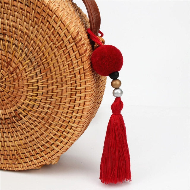 1pc Pompom Keychains With Tassel Wooden Beads Charms Keyring Boho Jewelry For Women