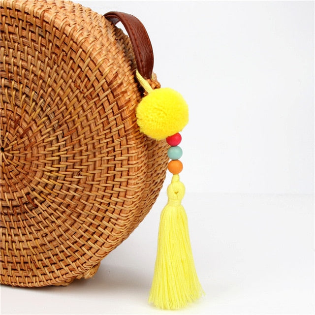 1pc Pompom Keychains With Tassel Wooden Beads Charms Keyring Boho Jewelry For Women