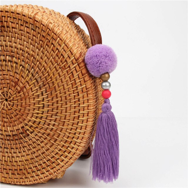 1pc Pompom Keychains With Tassel Wooden Beads Charms Keyring Boho Jewelry For Women