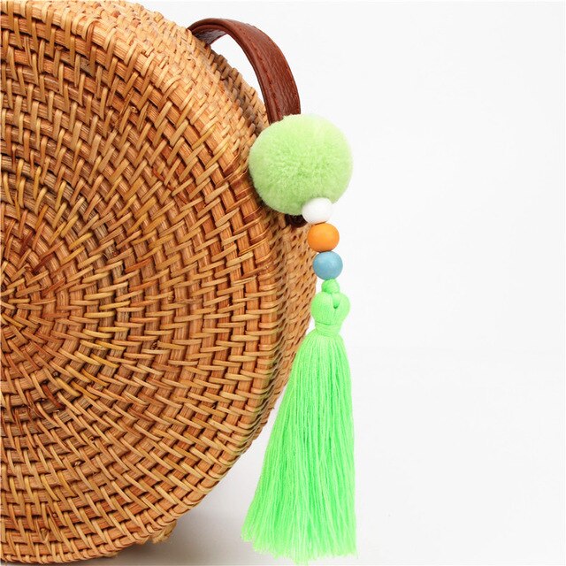 1pc Pompom Keychains With Tassel Wooden Beads Charms Keyring Boho Jewelry For Women